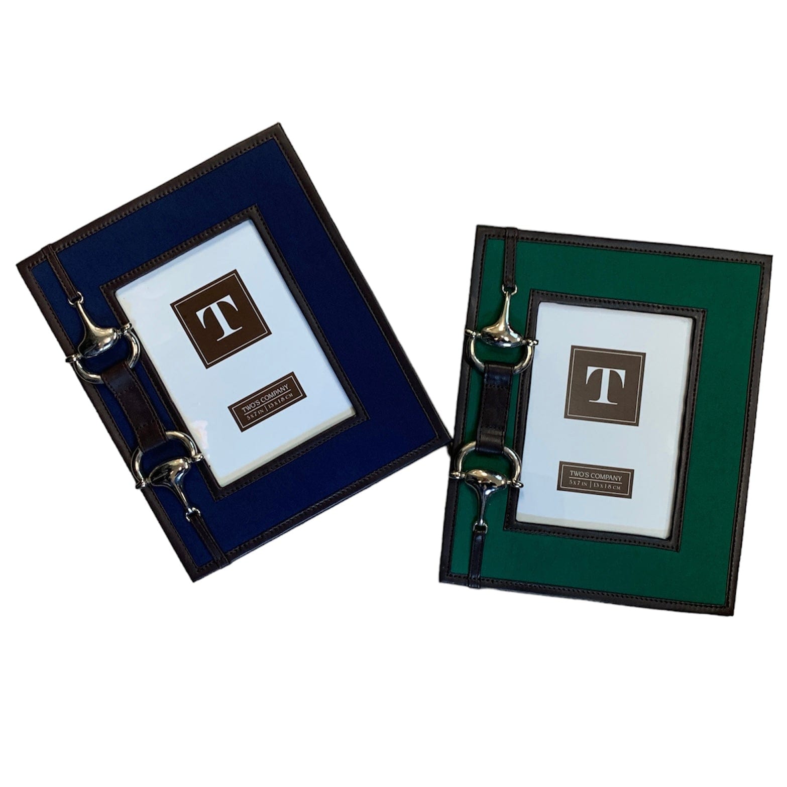 On the left is a blue picture frame with brown leather border, decorated with a chrome snaffle bit to left of glass frame. To the right is a green picture frame with brown leather border, decorated with a chrome snaffle bit to left of glass frame.