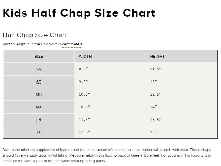 kids half chap size chart