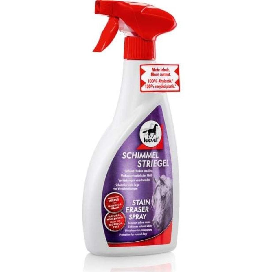 white spray bottle with red top and purple label